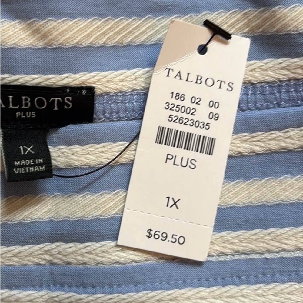NWT Talbots Plus Blue and White Striped Top with Square Neckline and 3/4 Sleeves - Picture 7 of 7